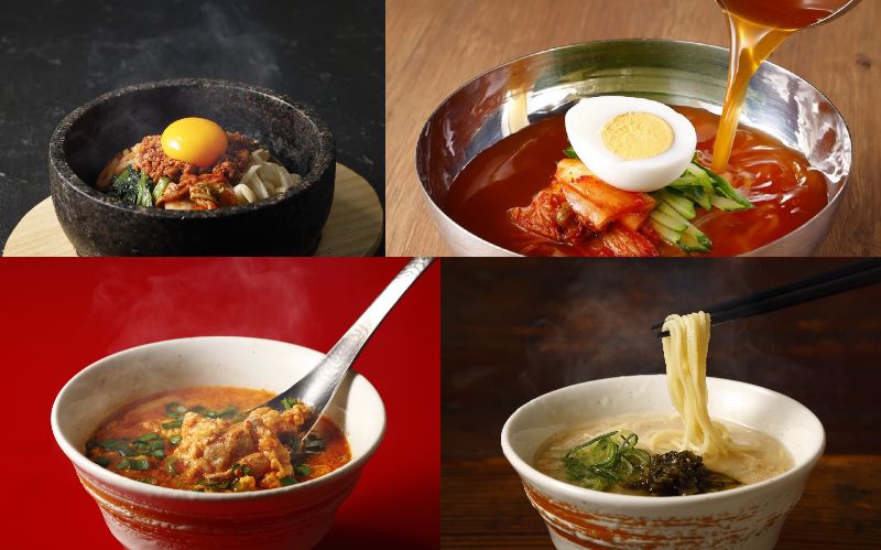 (左上→右上→左下→右下)石焼ビビンパ 、和民の盛岡冷麺 、ユッケジャンスープ 、背油たっぷり豚骨らぁめん