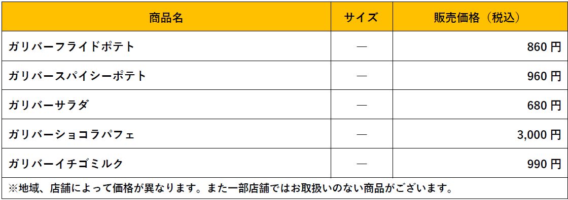 『今年もガリバー!』フェア アラカルト･デザート･ドリンクメニュー
