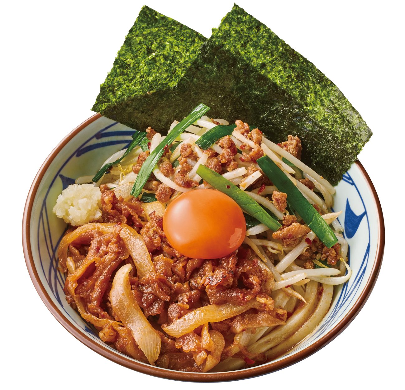 丸亀製麺「旨辛 肉盛りニラ玉ぶっかけうどん」