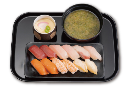 かっぱ寿司「にぎり12貫人気ネタ尽くし・茶碗蒸し・あおさの味噌汁セット」1,220円(税込)~