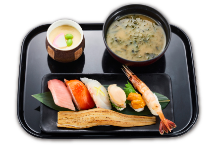 かっぱ寿司「かっぱの極み贅沢にぎり~秋の七貫~・茶碗蒸し・あおさの味噌汁セット」2,180円(税込)~