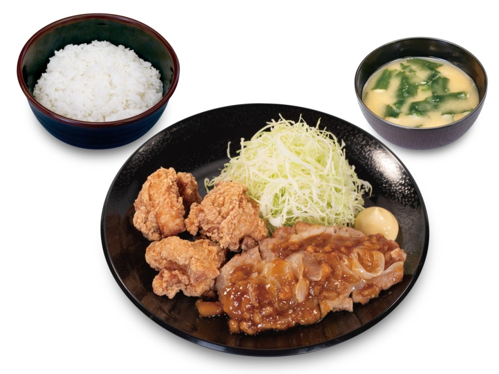 松のや「背脂生姜タレのポークフライドステーキ&本格唐揚げ定食」