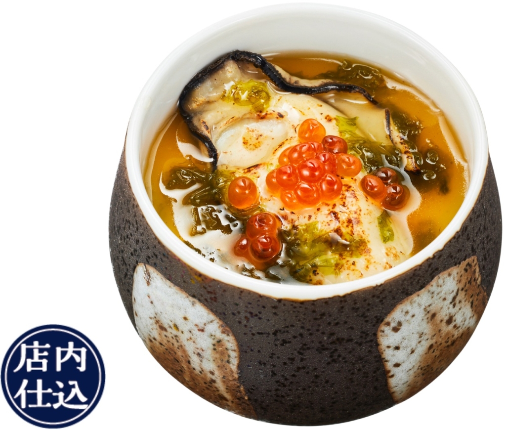 かっぱ寿司「瀬戸内海産 蒸し牡蠣といくら あおさ餡茶碗蒸し」