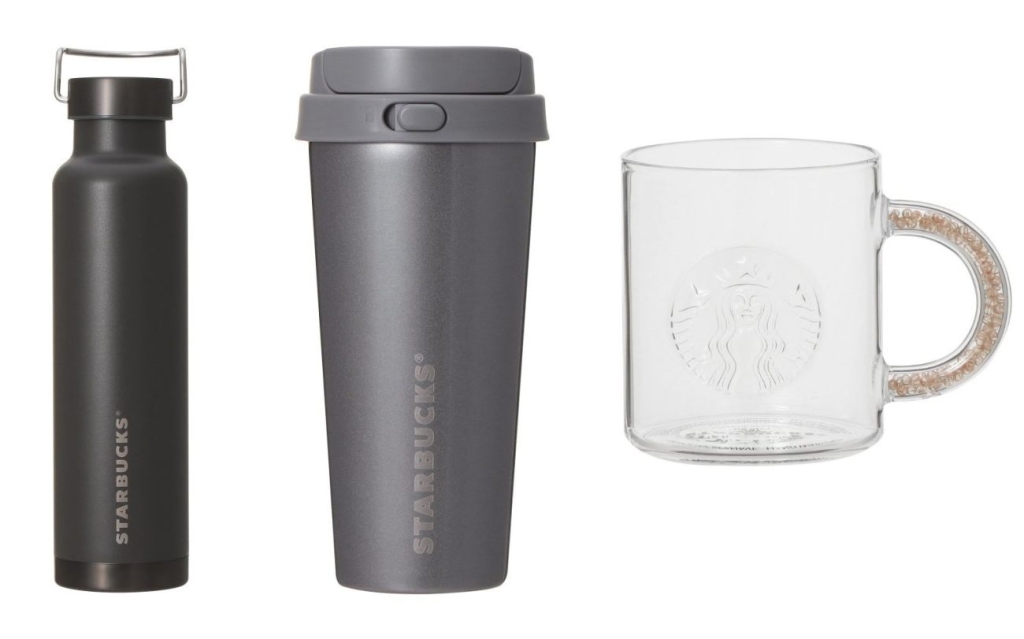 「ハンドルリッドステンレスボトルマットブラック680ml」「ステンレスTO GOボトルグレー473ml」「ギフトボックス入りビーズハンドル耐熱グラスマグ355ml」