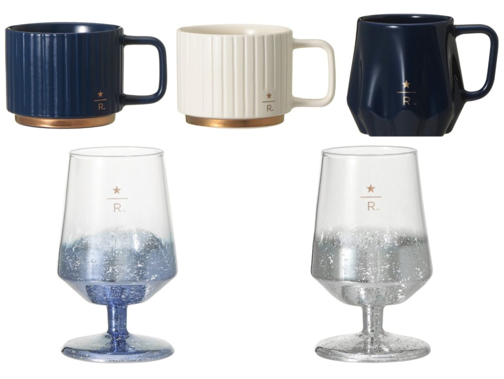 「ストライプマグブルー355ml」「ストライプマグホワイト355ml」「ドレープマグ ネイビー355ml」「ステムグラスメタリックブルー355ml」「ステムグラスシルバー355ml」