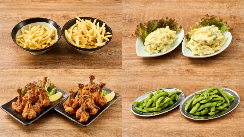 (左上から時計まわり)ポテトフライ、マカロニサラダ カレー風味、枝豆、チューリップから揚げ