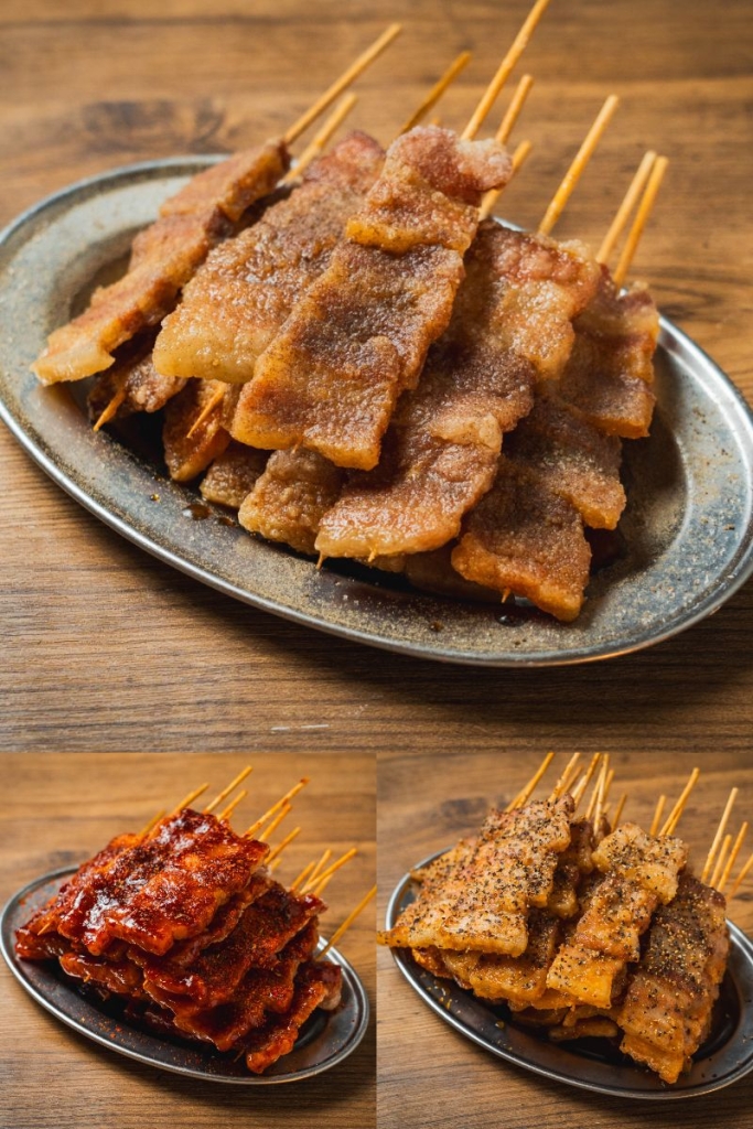 名物串「バリとん焼き」。白、赤、黒の3種類