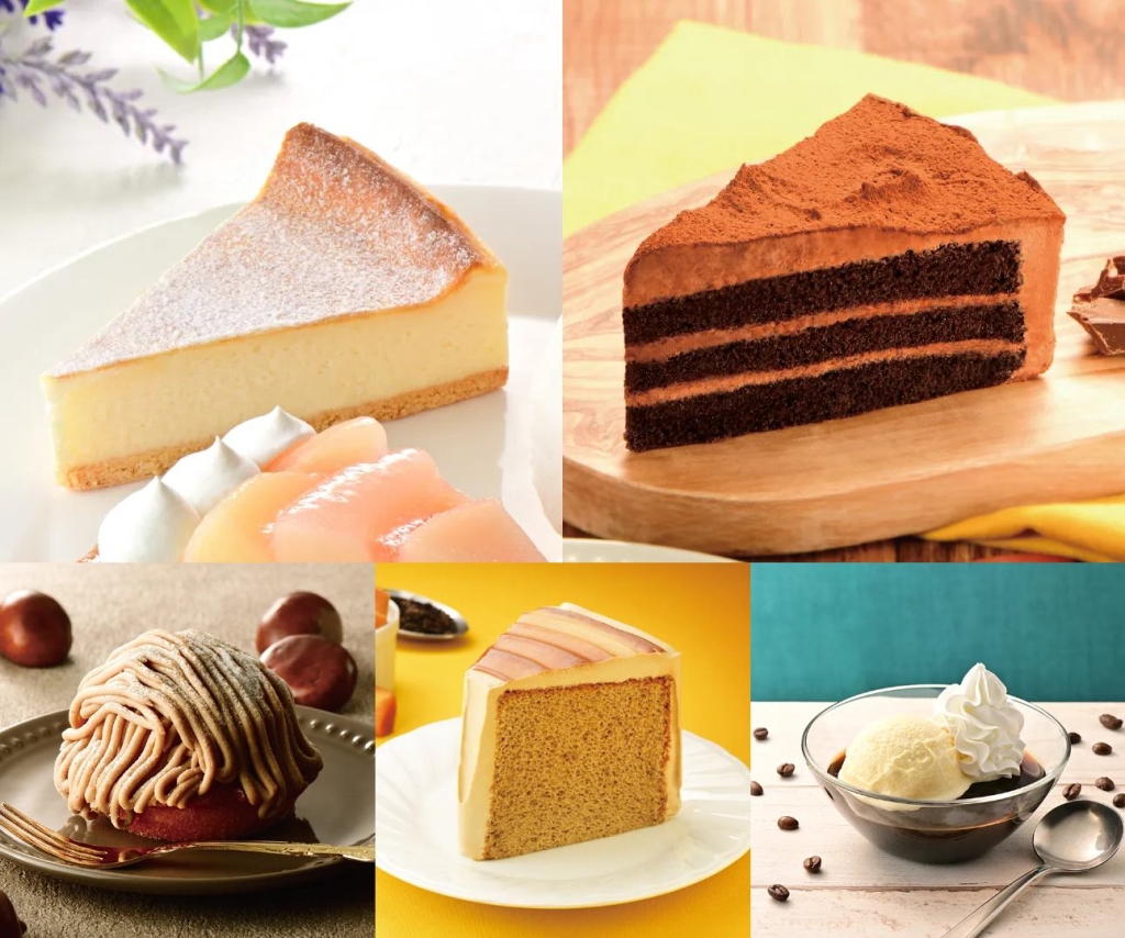 ニューヨークチーズケーキ、ベルギー産チョコレートケーキ、イタリア栗のモンブラン、キャラメルミルクティシフォン、珈琲ゼリー