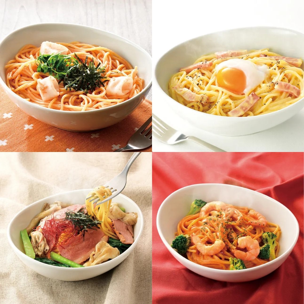 ヤリイカと大葉の博多明太子、3種チーズのカルボナーラ~温泉たまごのせ~、トリュフ香る合鴨と舞茸の和風しょうゆ仕立て、えびの濃厚トマトクリーム~ビスク仕立て~