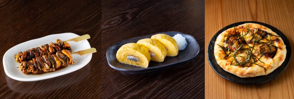 肝串、うまき、鰻おつまみピッツァ