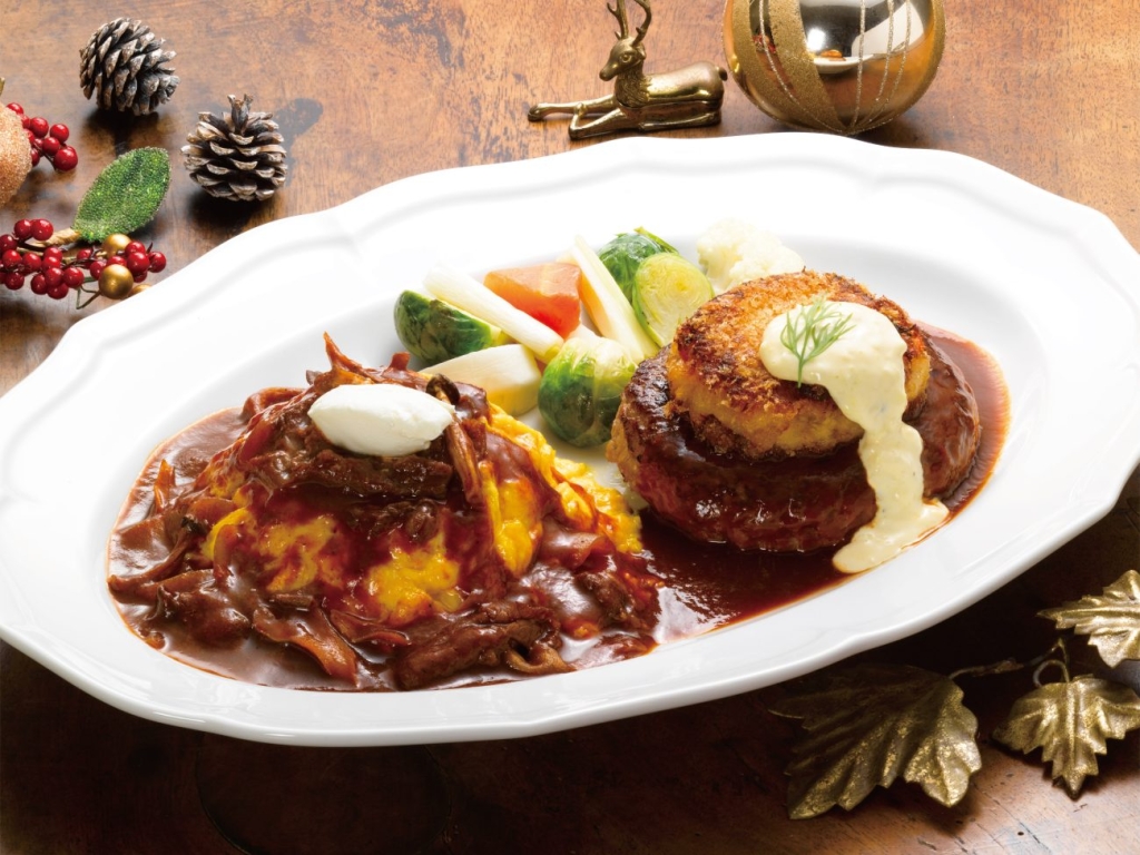 オムライス～国産牛のハッシュドビーフソース～ &クラブケーキのせ黒×黒ハンバーグ