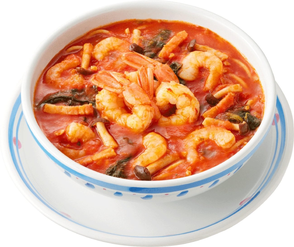 ～スープパスタ～ たっぷりエビのガーリックトマトスープ