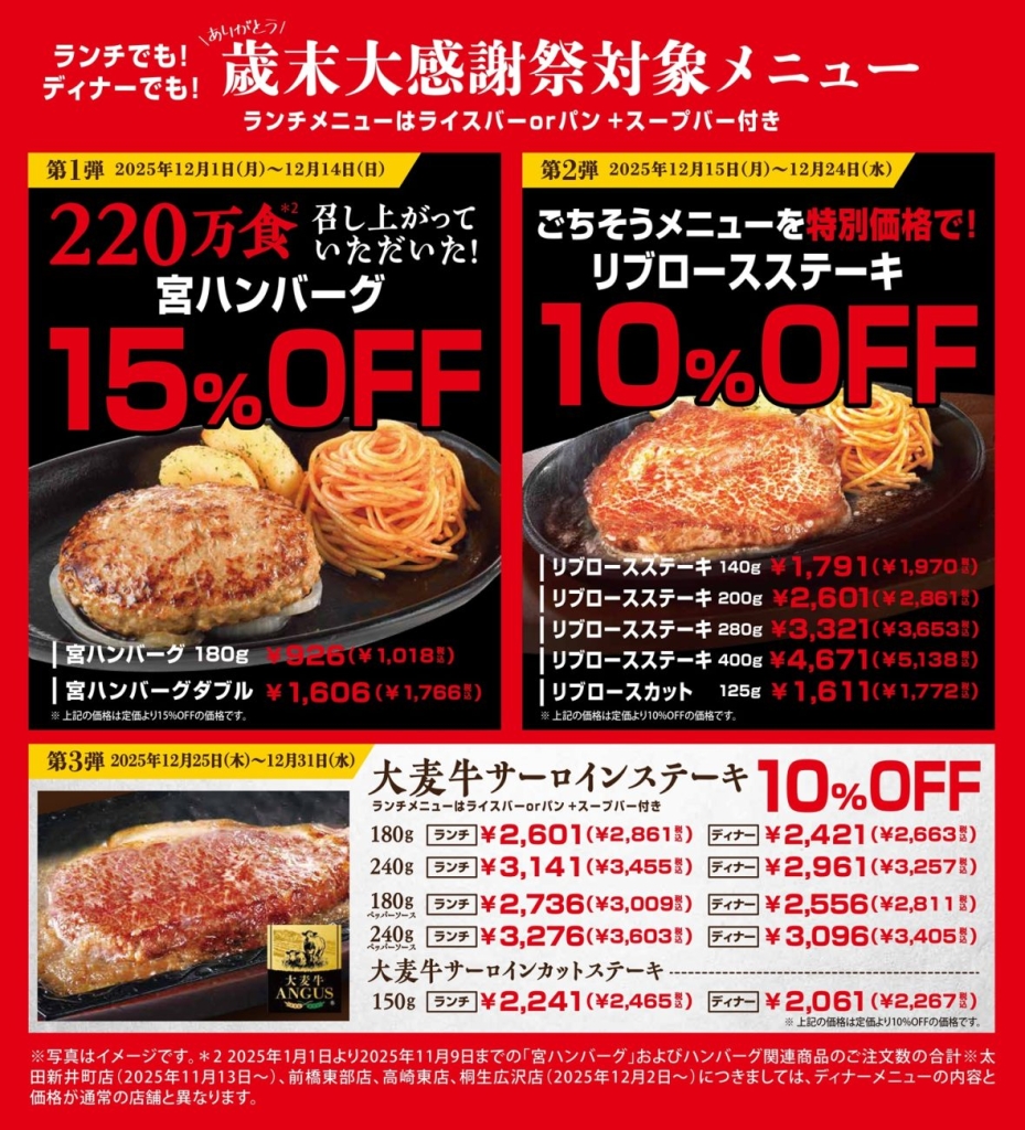 ステーキ宮『歳末大感謝祭』対象メニュー一覧