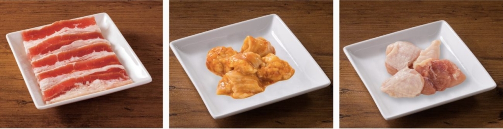 （左から）バラカルビハーフ、牛ホルモンハーフ、但馬鶏ももハーフ