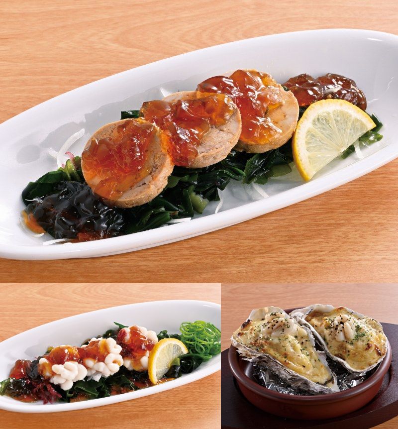 (上→左下→右下)ジュレぽん酢de食べるあん肝、ジュレぽん酢de食べる真鱈白子、真鱈白子とあん肝クリームソースの濃厚グラタン