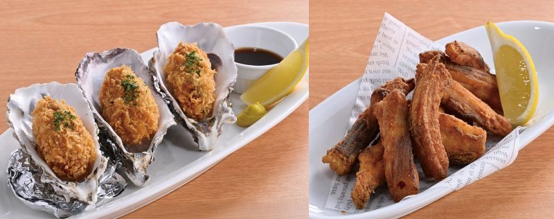 （左から）［広島県産］カキフライ、［数量限定］肉厚エイヒレの唐揚げ