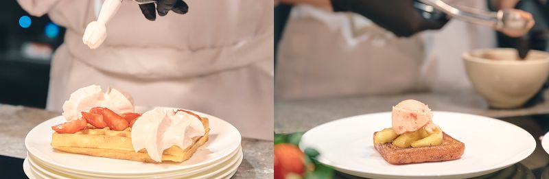 (左から)ゴーフル マスカルポーネのエスプーマとイチゴのコンポートとともに/フレンチトースト アップルフランべ、ストロベリーソルベを添えて