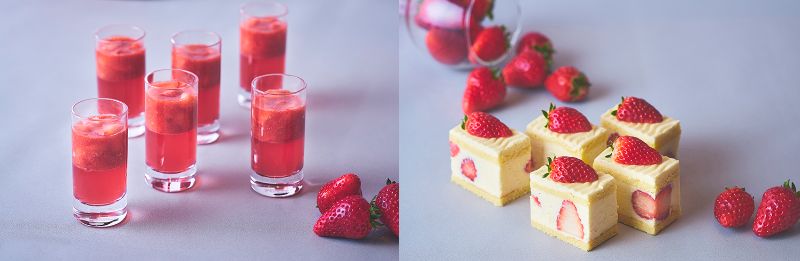 (左から)イチゴと紫蘇のゼリー/フレジエ