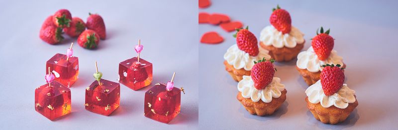 (左から)ロゼスパークリングワインとストロベリーキューブゼリー/ミニパウンドケーキ