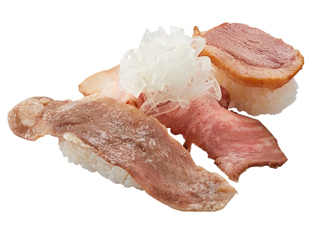 『豪華 肉三昧』(豚タン･ローストビーフオニオン･合鴨ロース)三貫290円