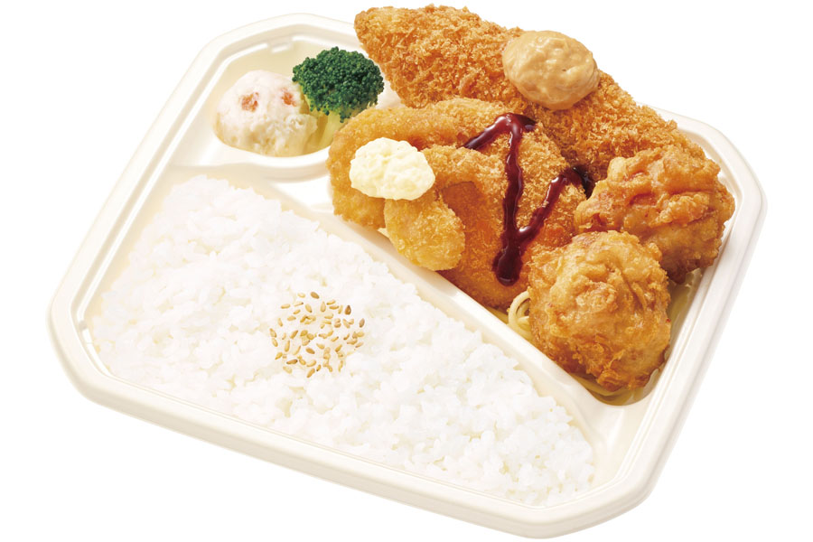 推し盛弁当例/ミックスフライ弁当(白身フライ、唐揚2コ、コロッケ、ポップコーンシュリンプ)