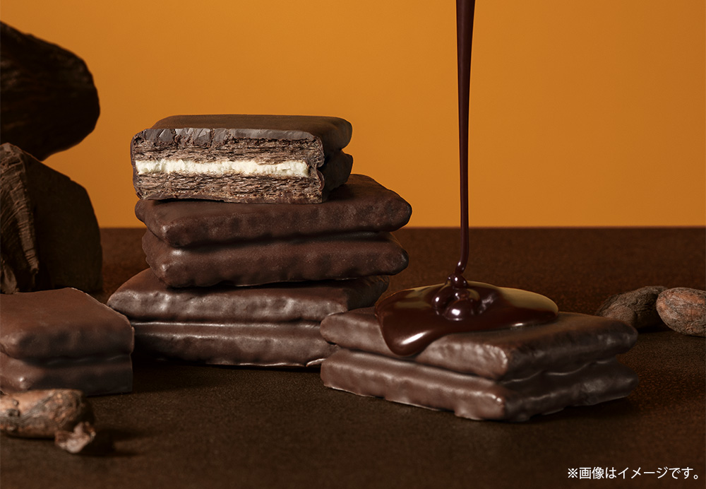 ホワイトショコラをサンドしたココア生地を炭火ショコラでコーティング