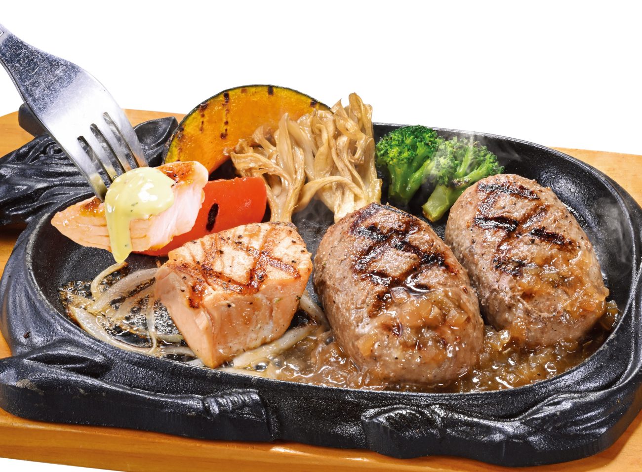 「サーモングリル＆大俵ハンバーグ 付け合わせ焼き野菜」※写真の大俵ハンバーグは200g