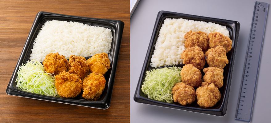 従来品と「盛りすぎ!鶏のから揚げ弁当」