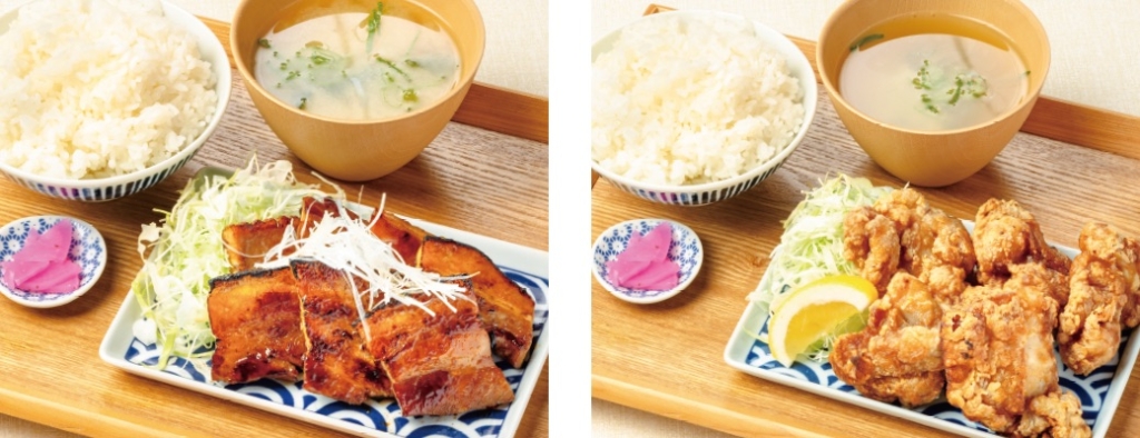 (左)帯広豚バラ定食／(右)元祖から揚げ定食