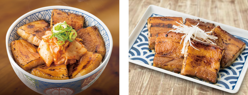 (左)キムチ豚バラ丼〈並〉／(右)豚バラ皿〈並〉