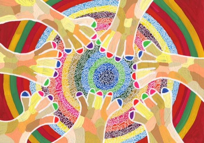 日清医療食品が作成したカレンダーの表紙を飾る作品『みんなの手がよぶエスディージ―ズ』（カミジョウミカさん作成）