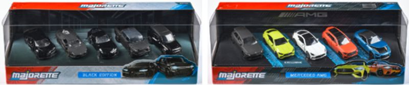 ミニカーをアソートした「ギフトパック」の一部(左から、「ブラックエディション5ピースギフトパック」「メルセデスAMG 5ピースギフトパック」)