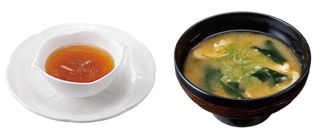 ビーフコンソメスープ、みそ汁