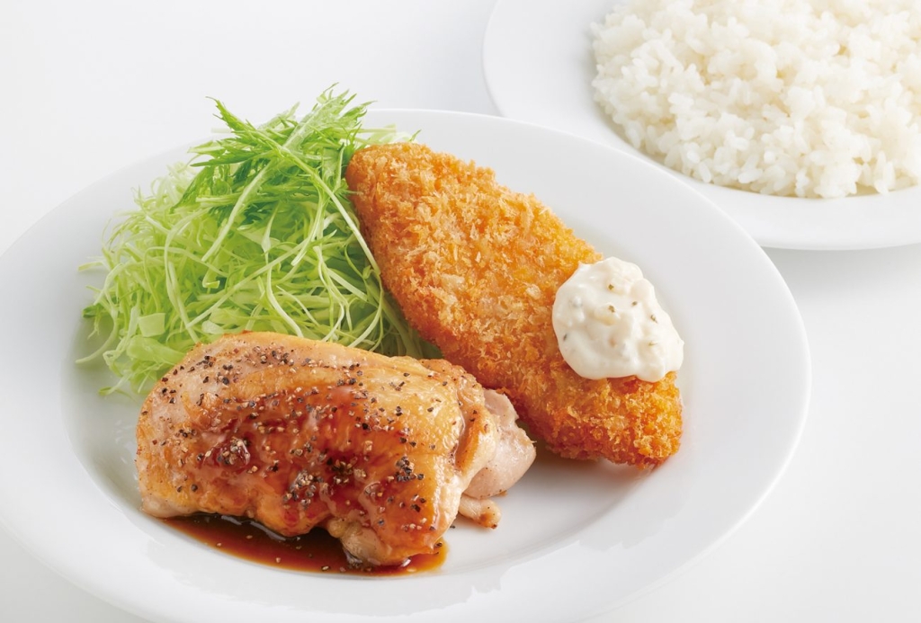 【土曜日】てりやきペッパーチキンステーキ＆白身魚フライ／455円（税込500円）