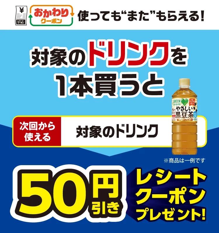 対象のドリンクを1本買うと次回使用できる50円引きクーポンプレゼント
