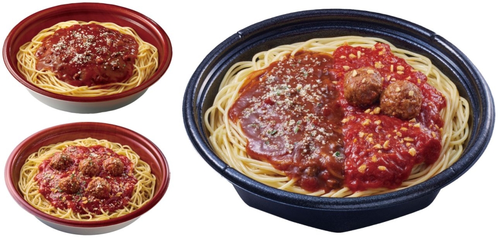 右「合わせすぎ！ミートソース＆トマトガーリックパスタ」