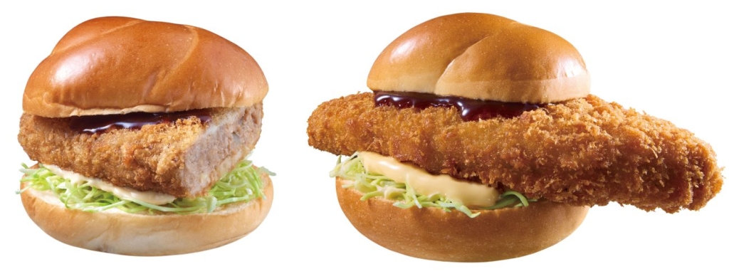 右「盛りすぎ！メンチバーガー」