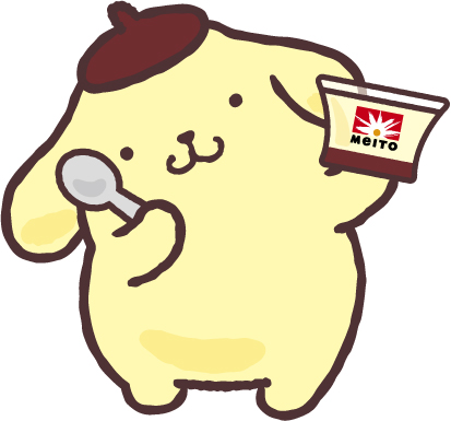 ポムポムプリンがメイトーのカスタードプリンを手に持ったイラスト