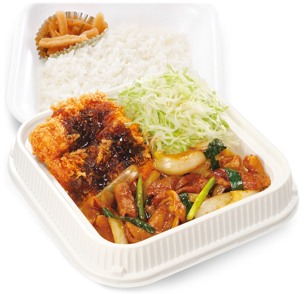 モツ野菜炒めとチキンカツの合い盛り弁当