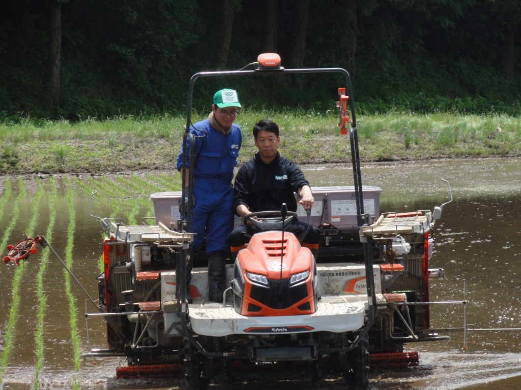 調印式の後は、実際の水田で田植えも実演
