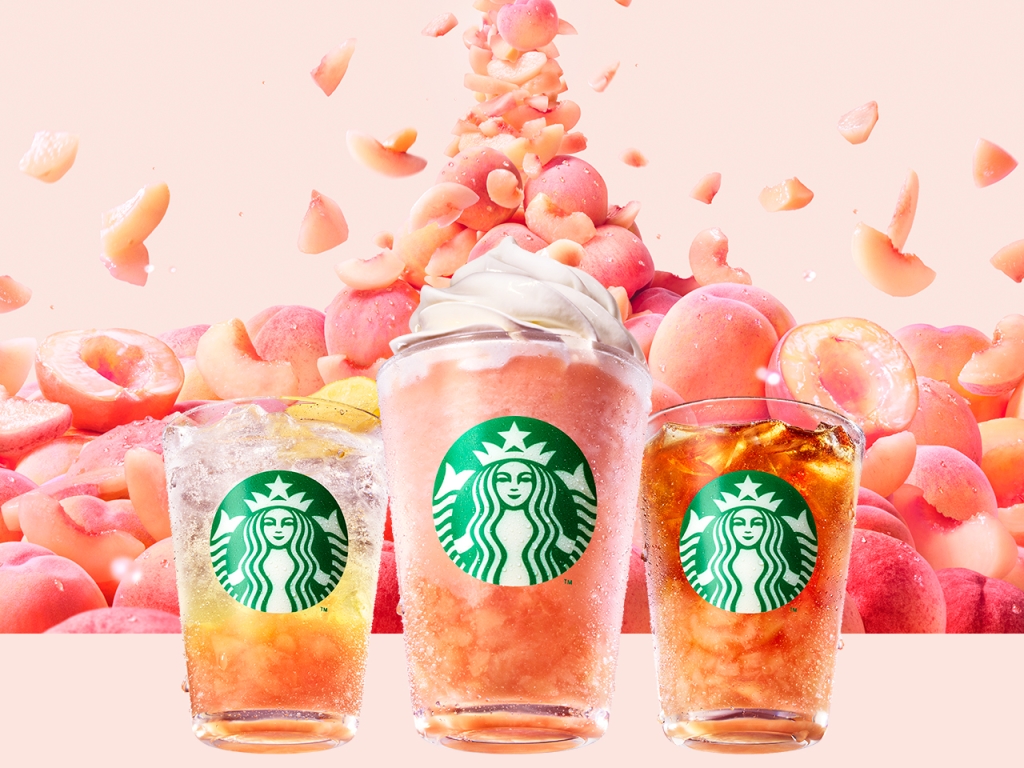チラックス ソーダ ピーチ、ピーチ & ピーチミルク フラペチーノ、クラフト ジューシー ピーチ ティー