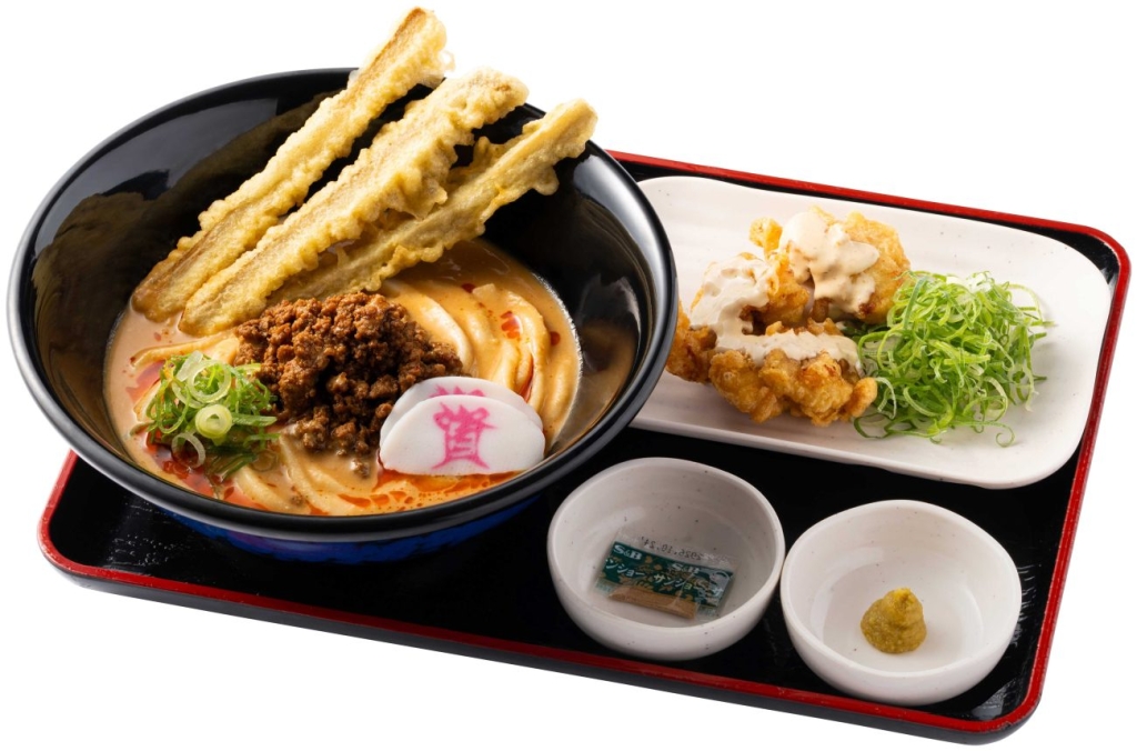 「冷やし担々うどんと柚子胡椒 鶏天(3個)」