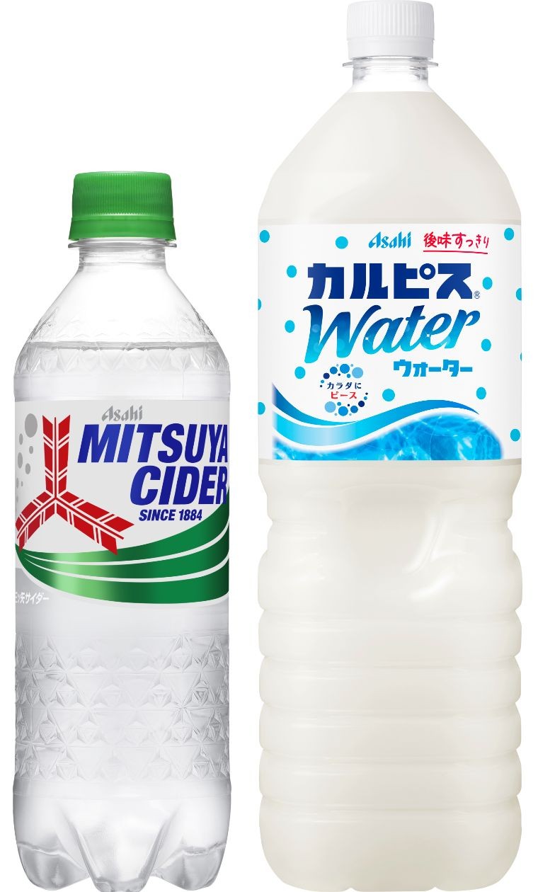 「三ツ矢サイダー」500mlPET、「カルピスウォーター」1.5LPET