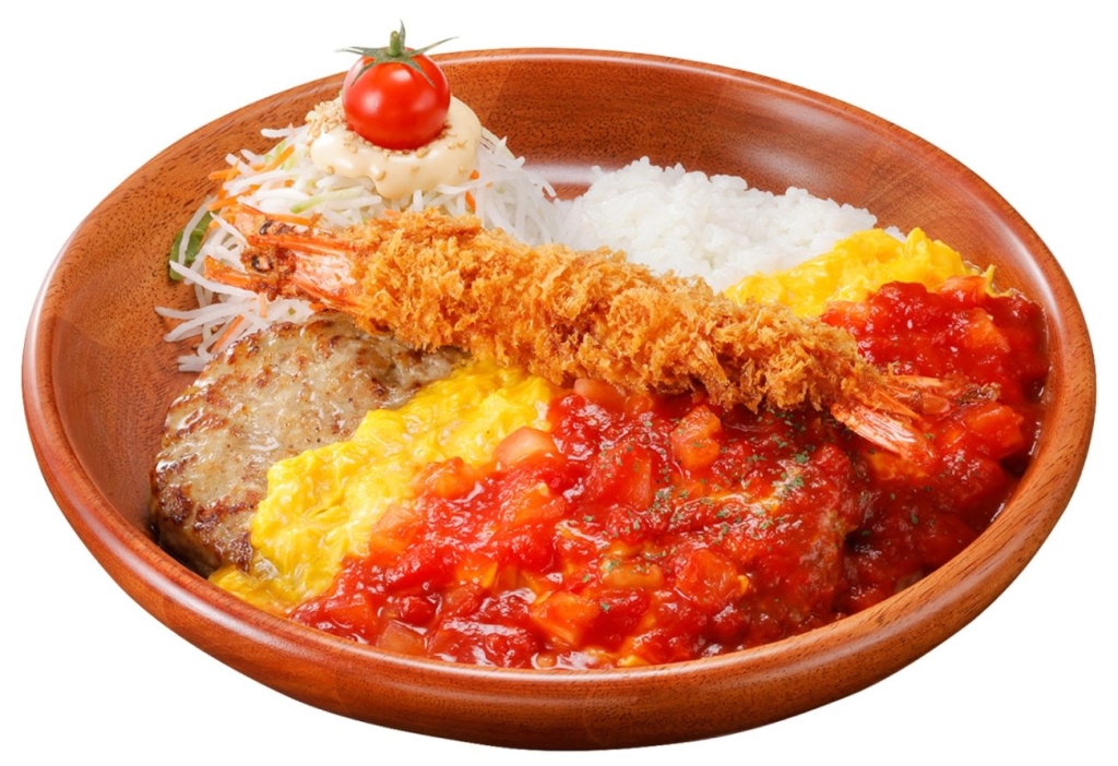 角切りトマトとびっくりエビフライのオムバーグディッシュ
