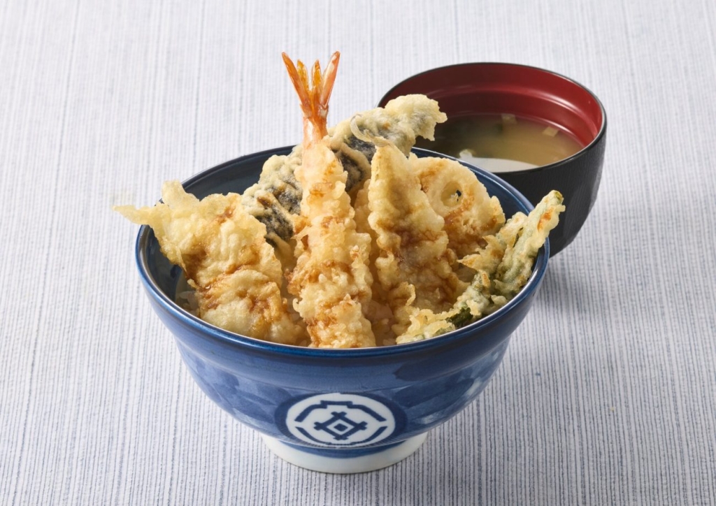 海老と活〆穴子切身の天丼（みそ汁付） 860円