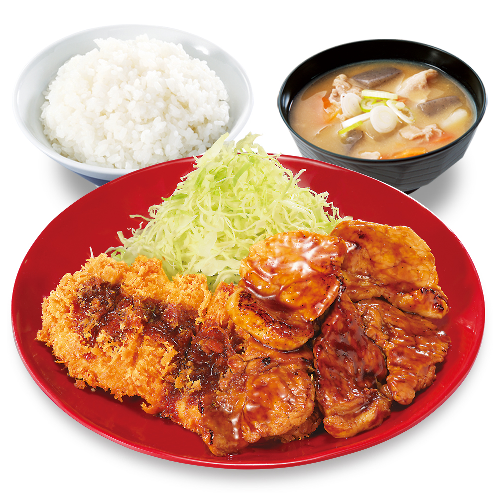 「豚焼肉とロースカツの合い盛り定食」