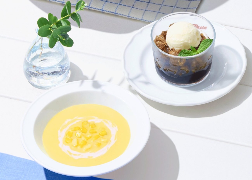 冷製コーンスープとコーヒーグラニータ
