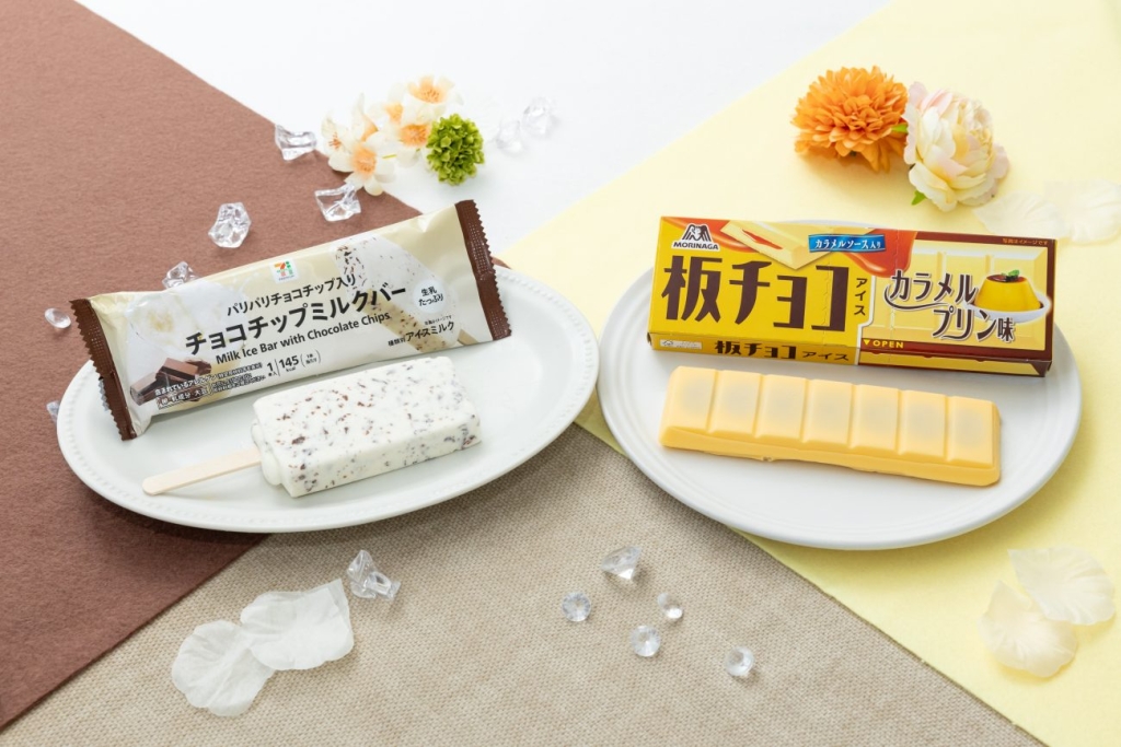 「セブンプレミアム チョコチップミルクバー」と「板チョコアイス カラメルプリン味」