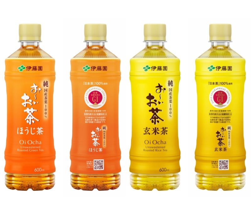日本茶GIマークを表示する「お~いお茶 ほうじ茶」「同 玄米茶」