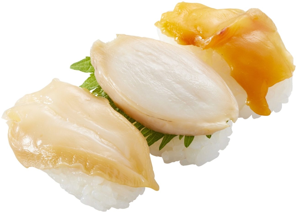 『3種の貝食べ比べ(つぶ貝･大切り蝦夷あわび･赤貝)』三貫税込430円～
